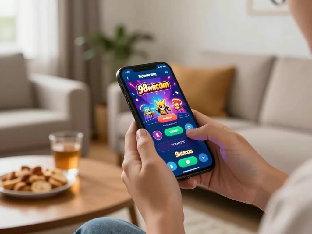 Experience thrilling gameplay on the 98wincom app in a cozy living room setting.