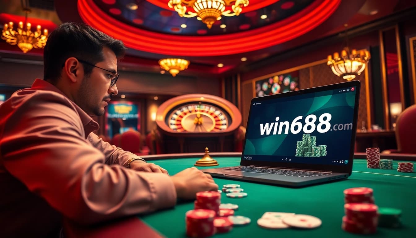 Engaged gambling at win678.com with colorful chips and cards on a poker table.