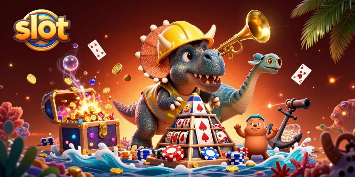 Putaran slot yang menguntungkan disambut oleh dinosaurus merayakan keberuntungan di latar belakang slot.