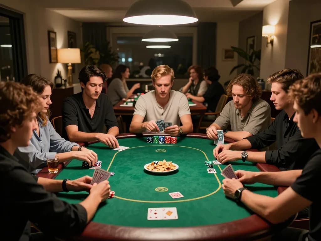 Players engaged in a strategic W69 poker game night with vibrant chips and cards