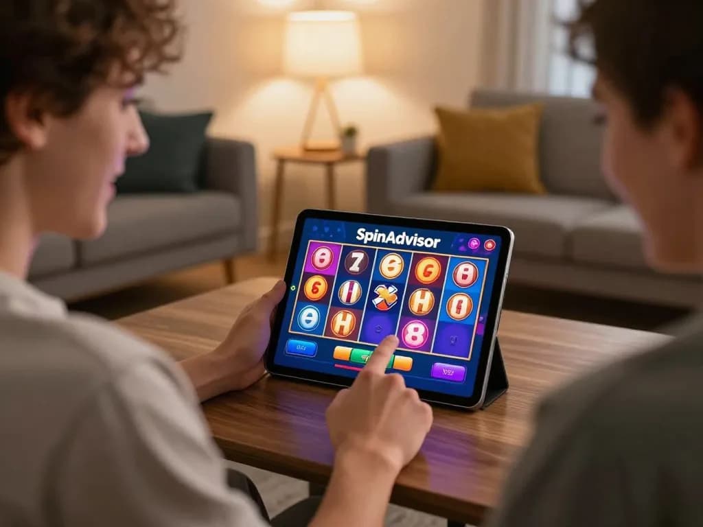 Person using SpinAdvisor to spin a colorful slot machine on a tablet in a cozy living room