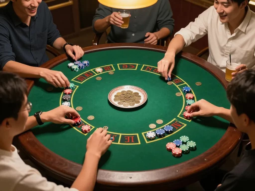 Xóc đĩa game in action with players engaged in bets, showcasing excitement and camaraderie.