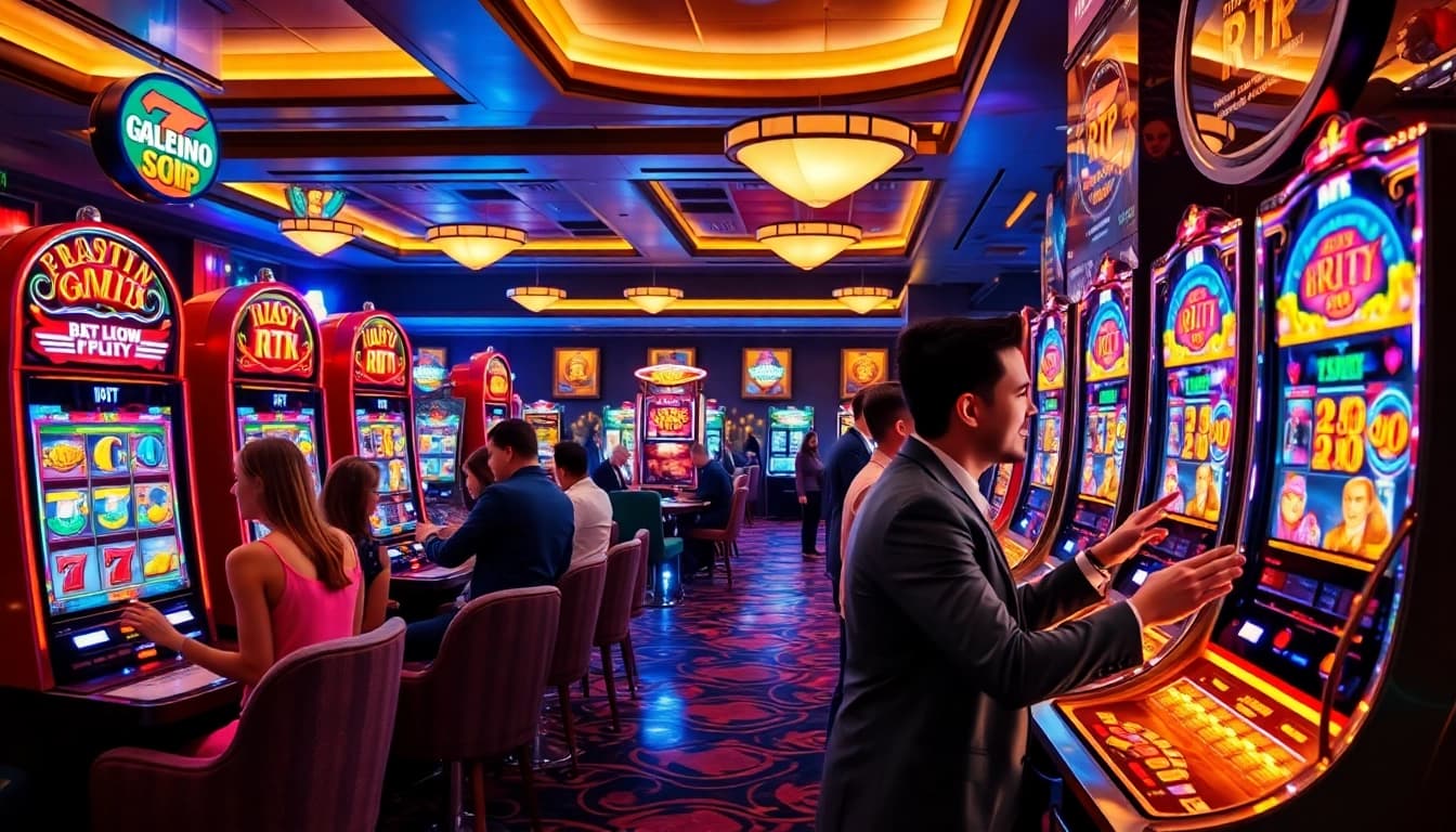 Experience the thrill of platform slot rtp tinggi in a lively casino scene with players and vibrant slot machines.