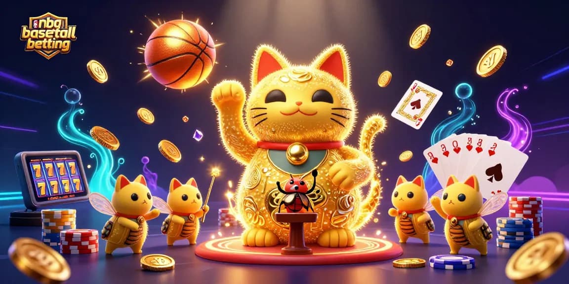 Engage in nba basketball betting with vibrant casino elements and a lucky cat illustration