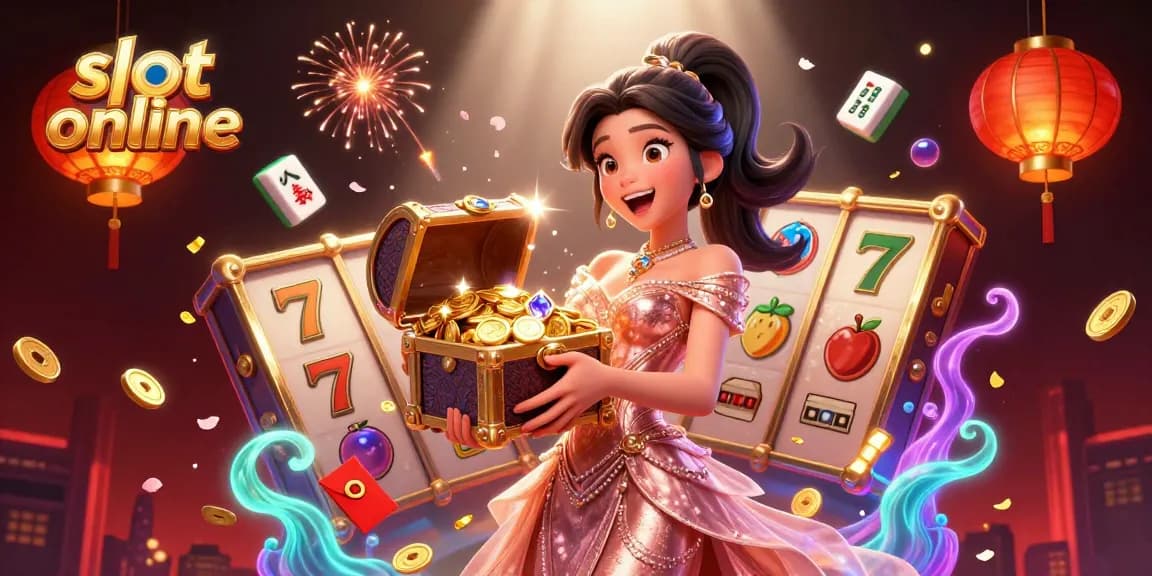 Putaran penuh semangat dengan permainan slot online, menampilkan wanita ceria yang mengungkap harta di tengah suasana kasino yang hidup.
