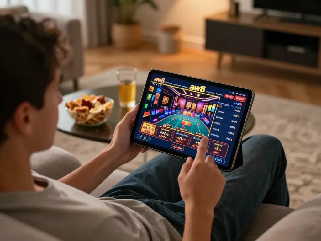 Player engaging with the aw8 online casino app on a tablet in a cozy home setting, showcasing dynamic gaming.
