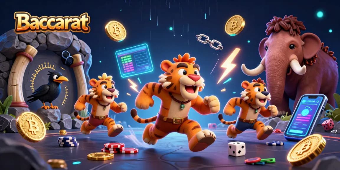Baccarat game setup with a caveman and tiger duo managing a vibrant casino atmosphere while surrounded by cryptocurrency elements.