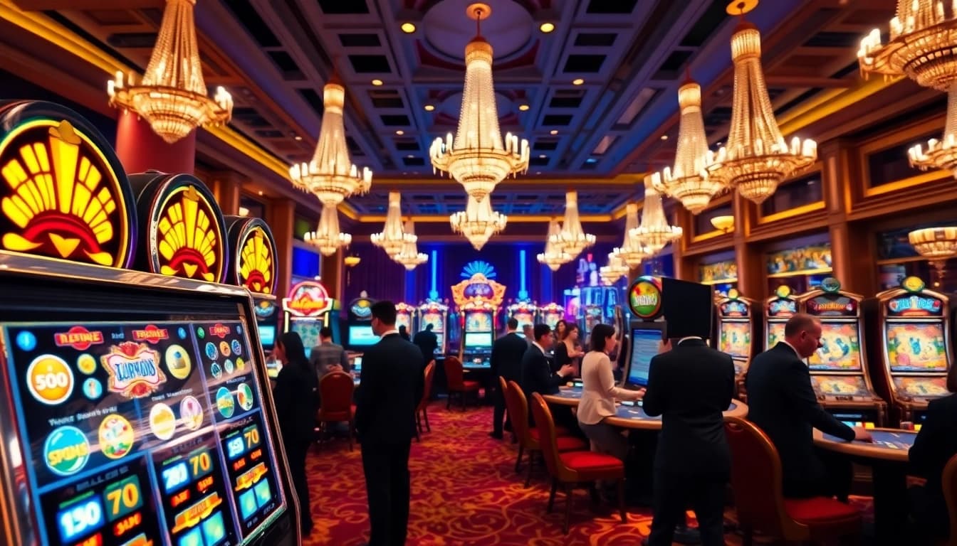 Slot deposit 5000 di mesin slot yang ramai di dalam kasino yang mewah.
