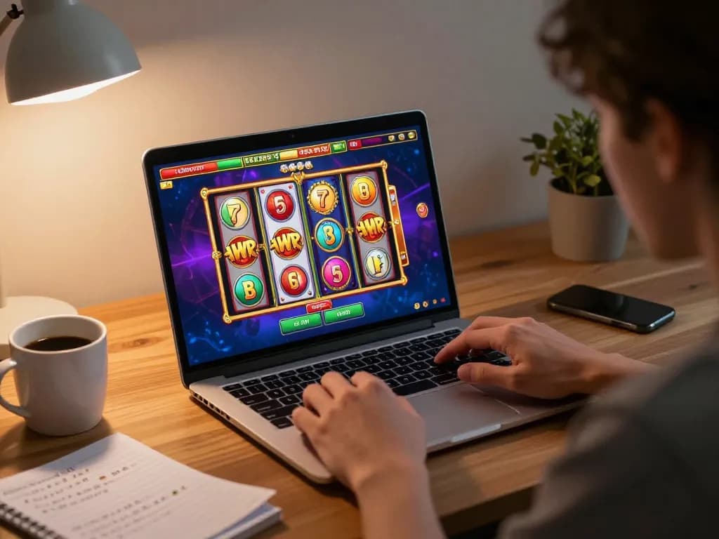 Player experiencing slot gacor gampang menang online, engaged with vibrant reels in a cozy gaming setup.