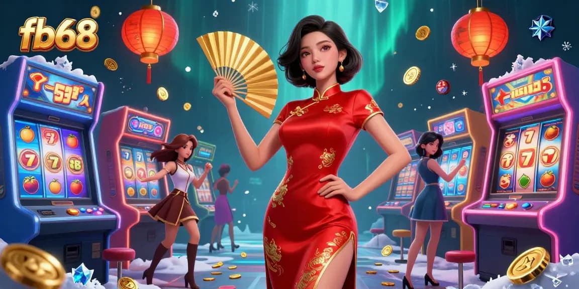 Experience thrilling gameplay in fb68 as an Asian woman celebrates winning with coins and lanterns.