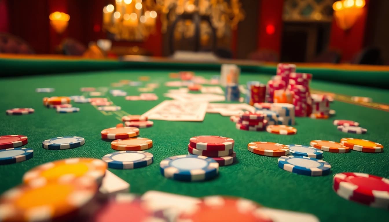 Mit casinospielen situierte Spielkarten und Chips auf einem Tisch im Casino.