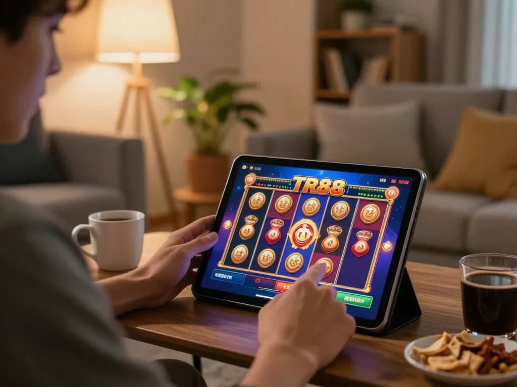 Player engaging with the TR88 game on tablet, enjoying a cozy online gambling experience at home.