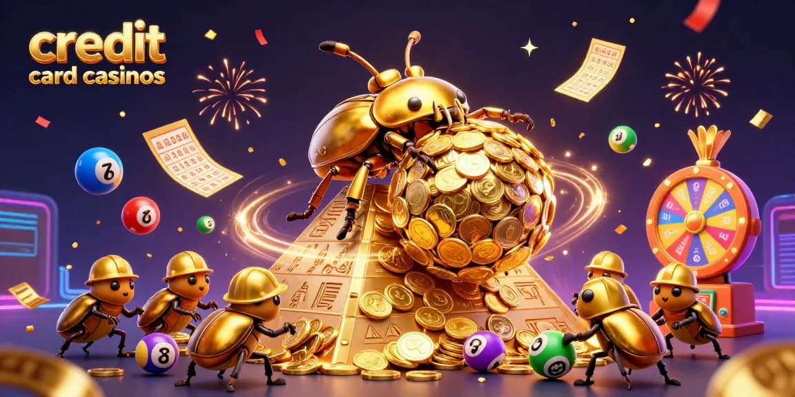 Engage with credit card casinos featuring vibrant illustrations of golden beetles, lottery elements, and dynamic gameplay.