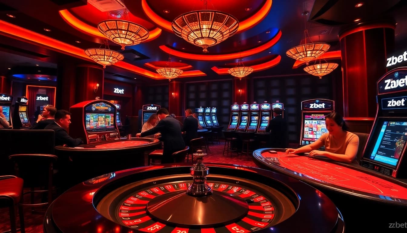 Zbet: Players enjoying a lively casino experience with poker chips and roulette tables.