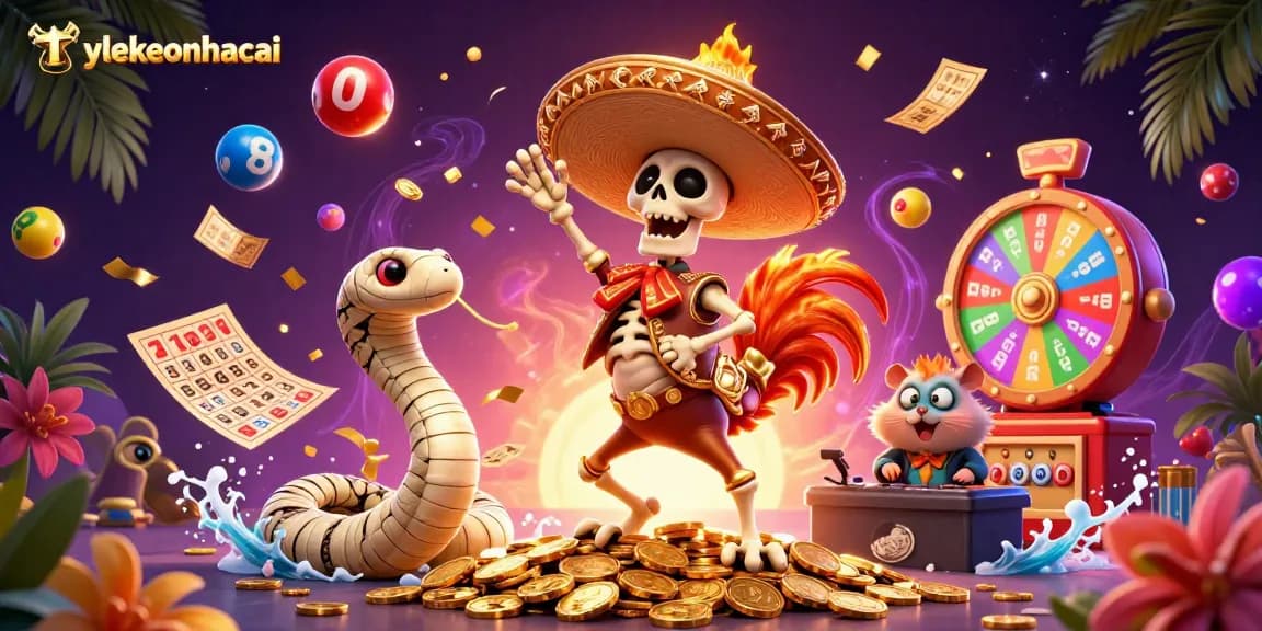 tylekeonhacai features a vibrant scene of gaming celebration with colorful lottery elements and lively characters.