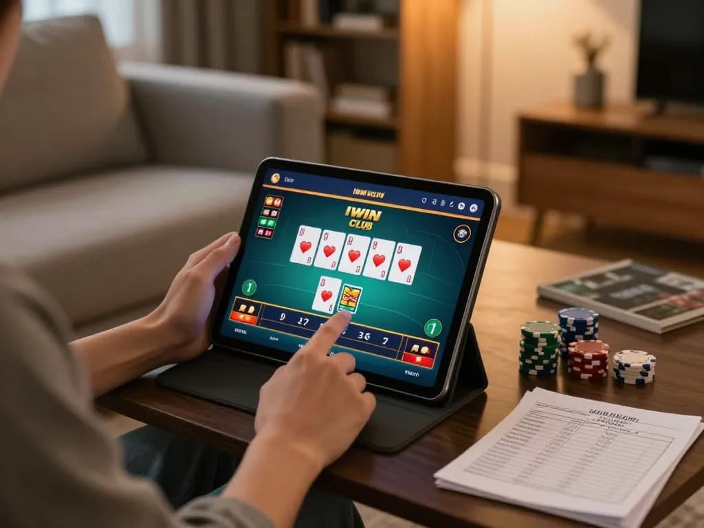 Play poker on IWIN Club app at home, featuring cozy ambiance and bankroll strategies.