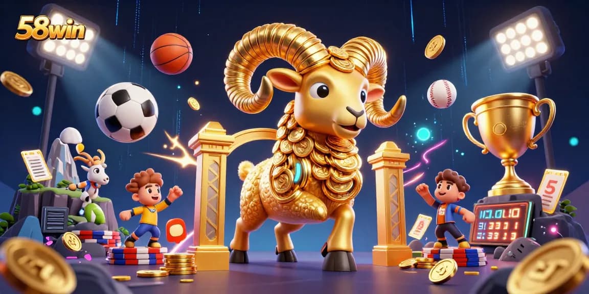 Experience thrilling betting action at 58win with captivating golden ram charging through a dynamic casino scene.