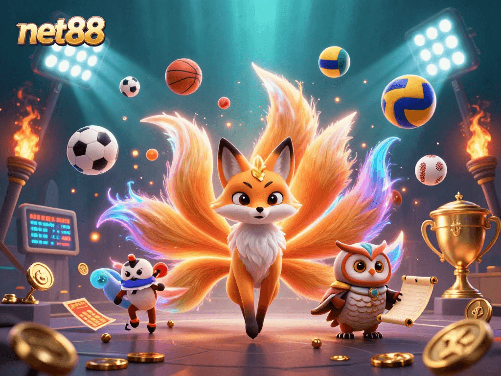 Experience net88 excitement with vibrant 3D sports action featuring a magical fox, wise owl, and dynamic betting elements.