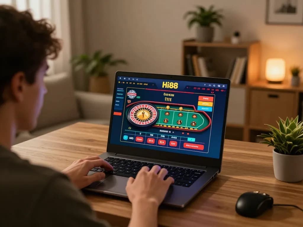 Player engaging with Hi88's online casino games on a laptop in a cozy, stylish home setting.