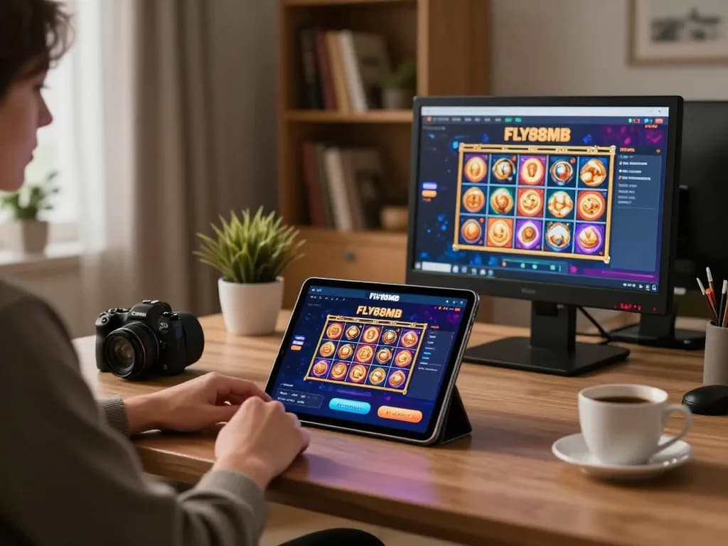 Engaging with the FLY88MB casino app on a tablet in a cozy home environment, showcasing online gaming strategies.
