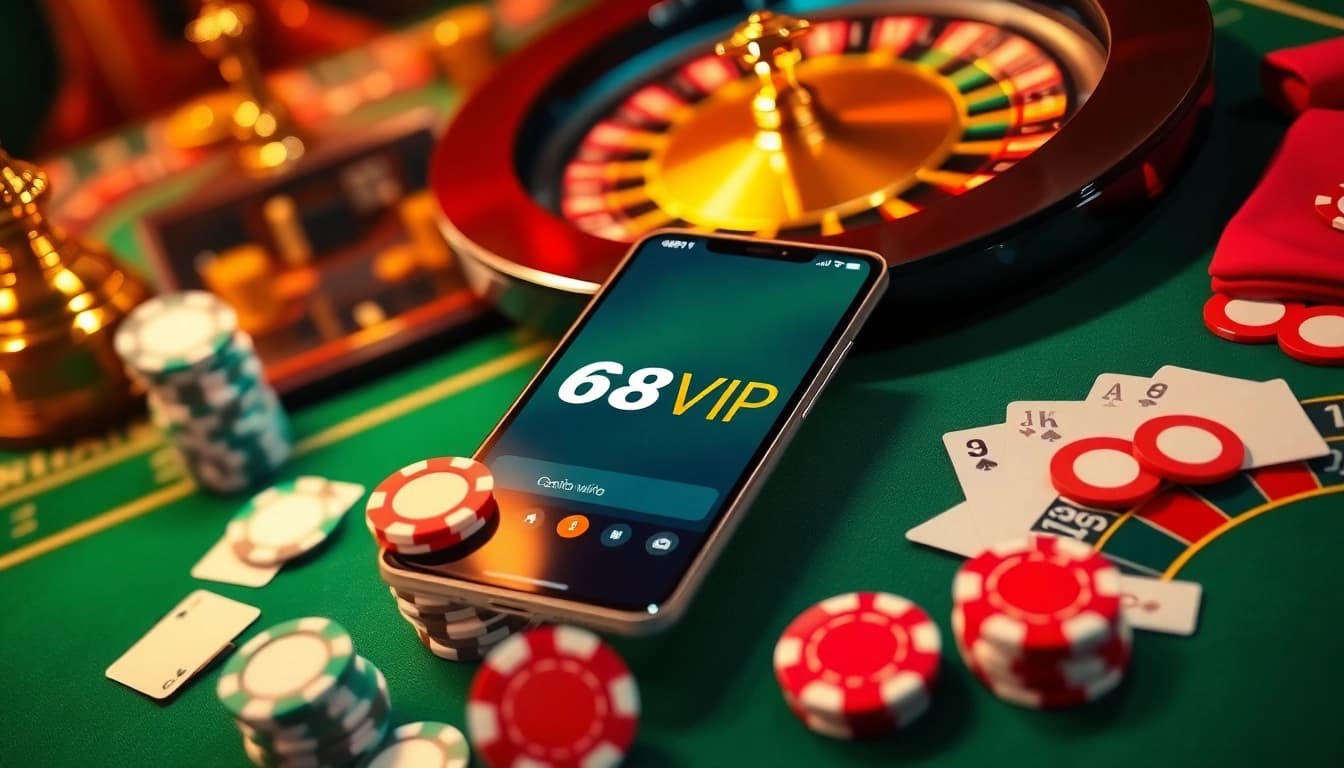 Engaging with the Tải App Nhà Cái 68VIP experience featuring casino elements like cards and chips.