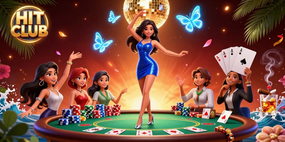 Engage in thrilling HIT CLUB casino games surrounded by vibrant poker elements and dramatic visuals.