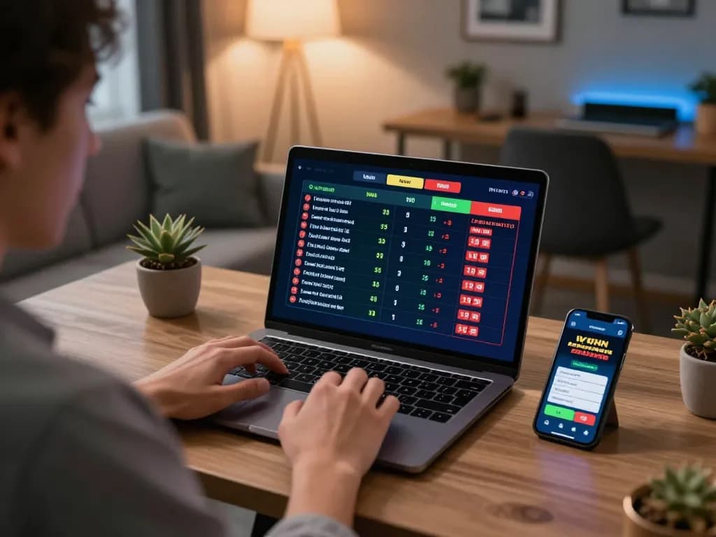 Player engaging in strategic online sports betting with nk88 app on laptop.