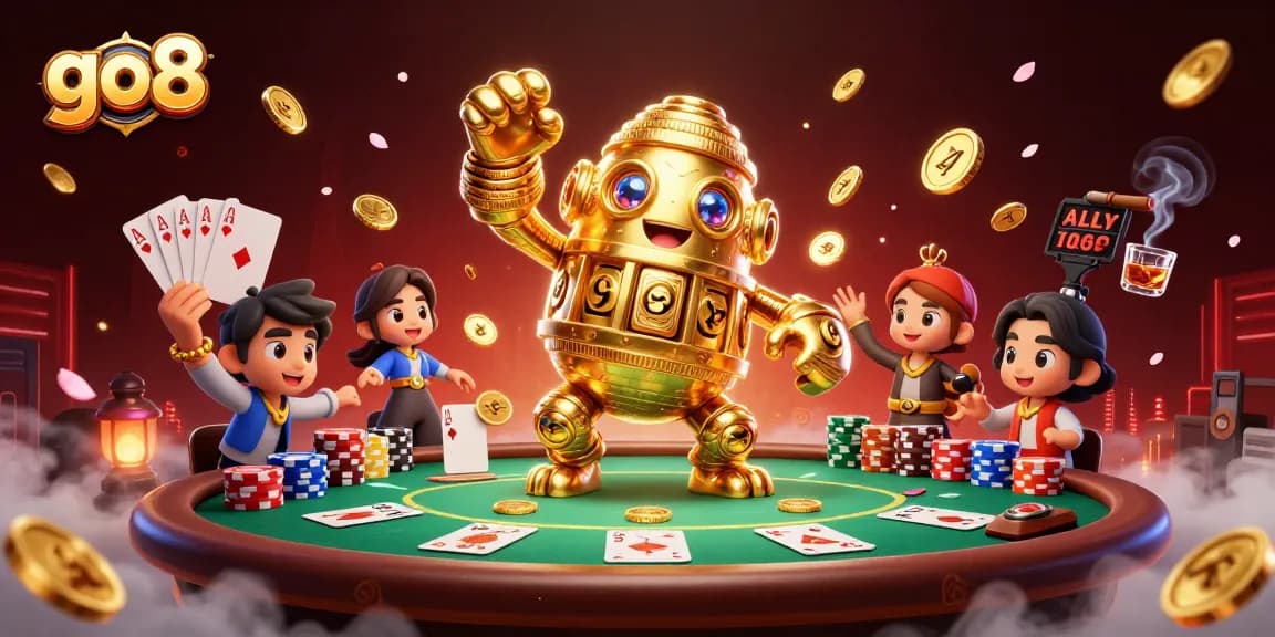 Engage with go8's vibrant casino scene featuring a golden golem and poker elements.