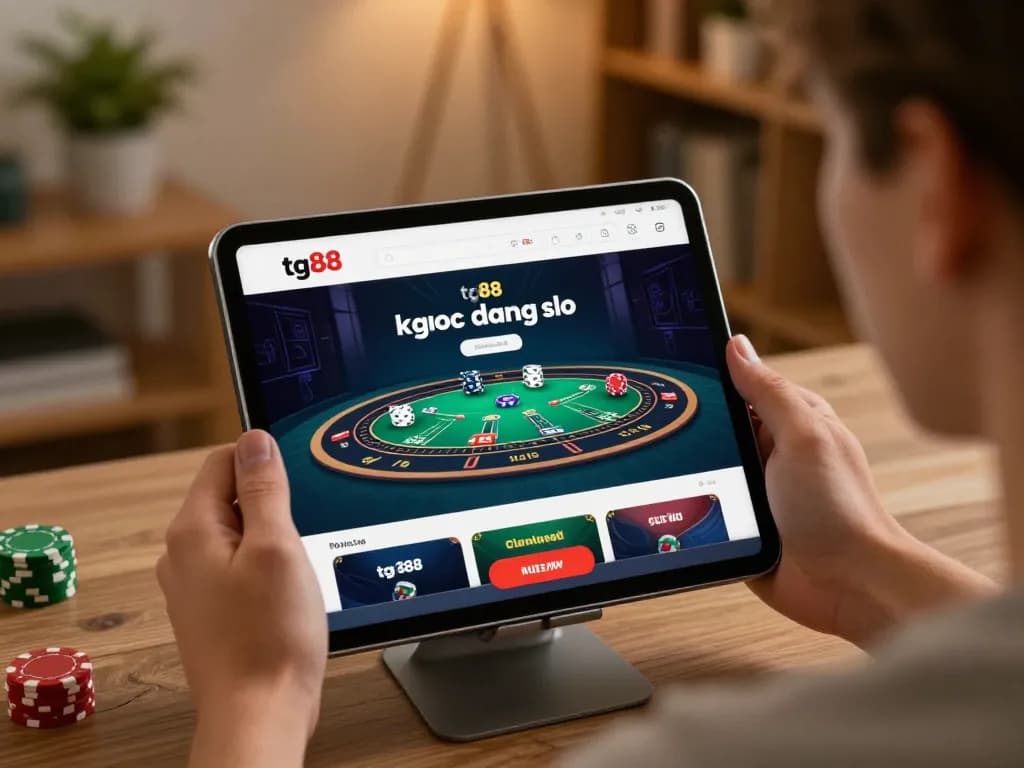 Player engaging in tg88 đăng nhập at home, showcasing online baccarat gameplay on tablet in cozy setting.