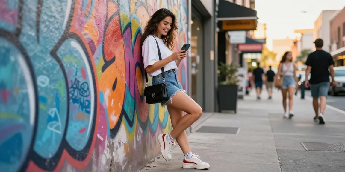 Gái gọi trong trang phục thời trang hiện đại tại đường phố, tạo dáng bên tường graffiti.