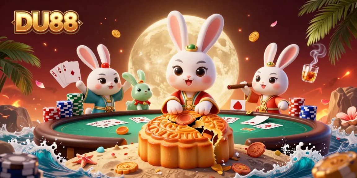 Engage with DU88 in a vibrant casino scene featuring a moon rabbit surrounded by poker elements.