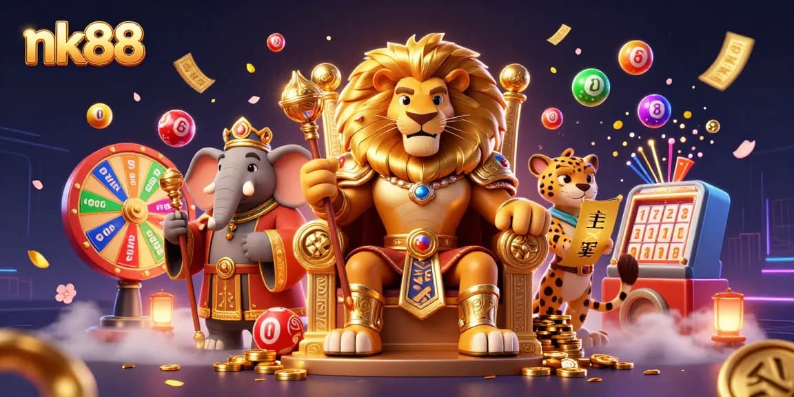 Experience the excitement of nk88 with a vibrant 3D digital illustration showcasing dynamic gaming elements.
