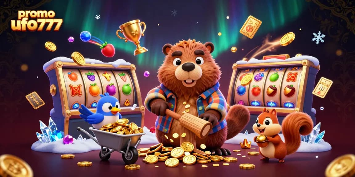 Engage with promo ufo777 through a vibrant casino scene featuring characters and slot reels.