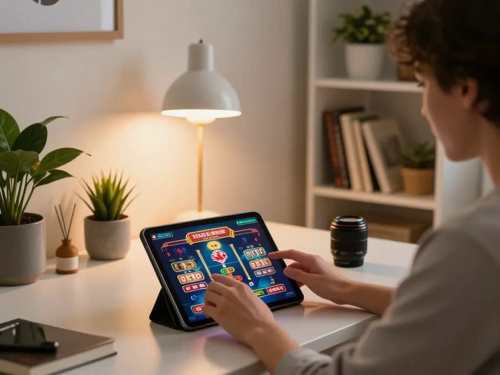 Engaged player enjoying online casinos in Canada on tablet, showcasing vibrant game graphics and comfortable home setting.