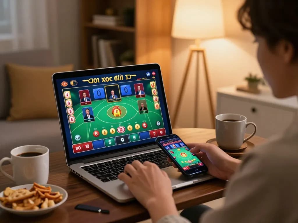 Xóc đĩa gameplay with home atmosphere, person using laptop for online gambling.