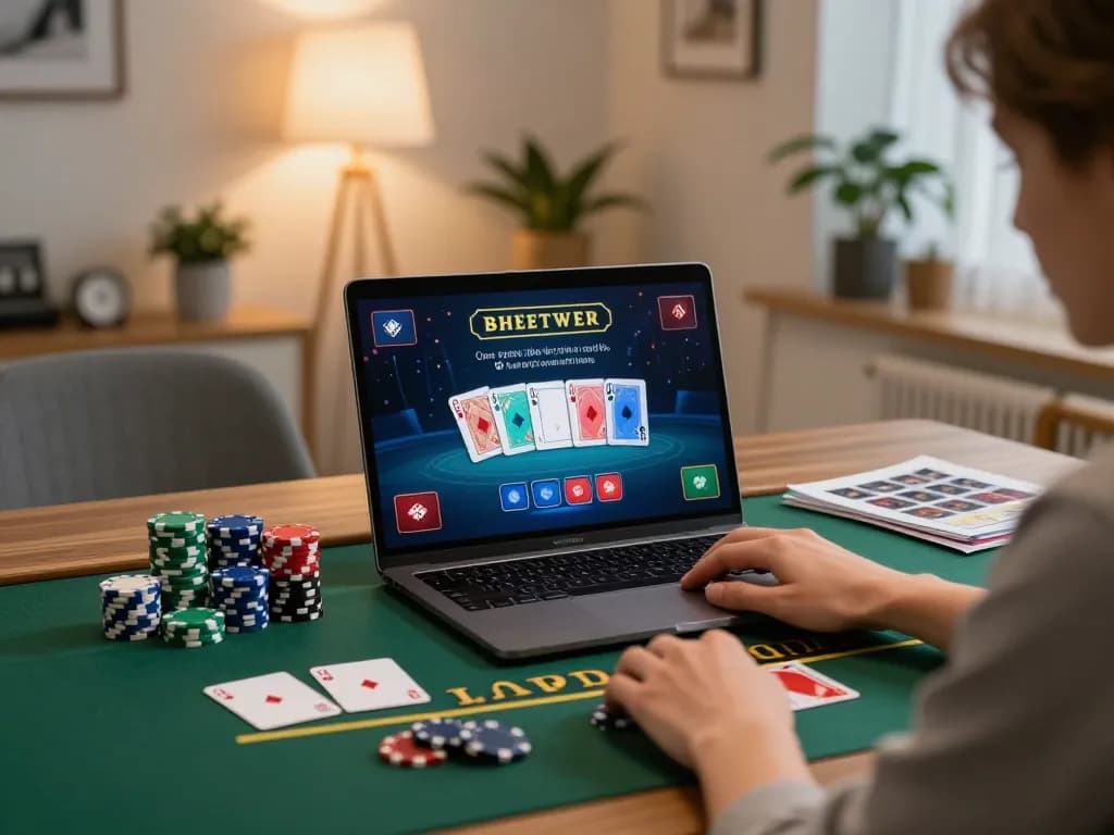 Player engaging in online blackjack gaming with hubet on laptop screen, showcasing strategic betting actions.