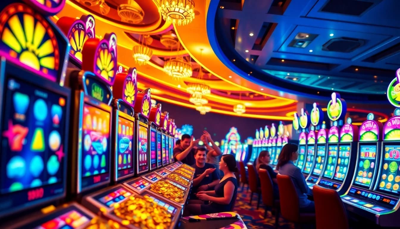 Players celebrating a win at vibrant slot gacor machines in a luxurious casino.