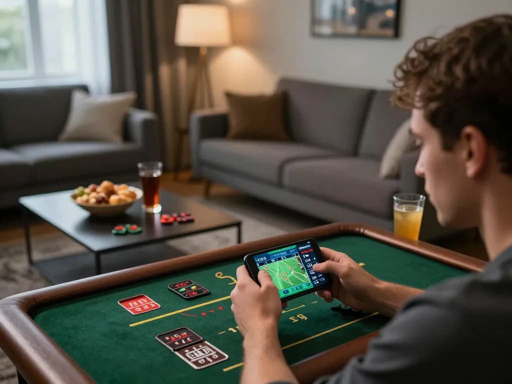 Engaging in nk88 bet from a cozy living room, user analyzing sports betting app with real-time odds.