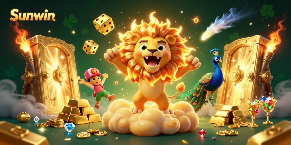 Experience the thrill of gaming at Sunwin with dynamic 3D illustrations showcasing vibrant golden elements and characters.