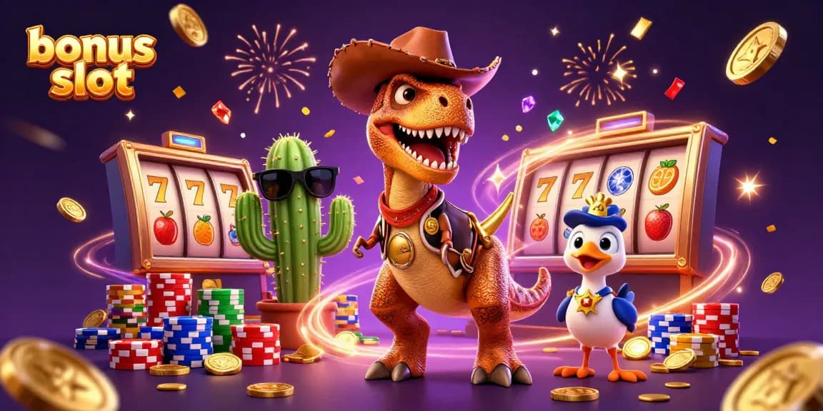 Exciting bonus slot scene featuring a T-Rex, a cactus, and a roadrunner with casino elements.