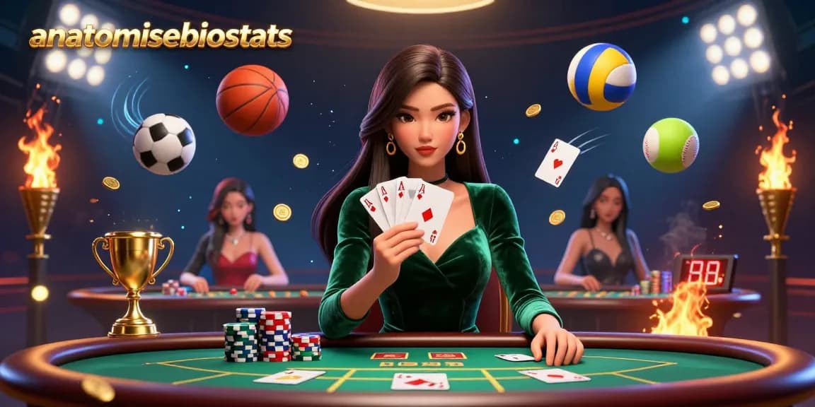 Anatomisebiostats showcases a captivating casino scene featuring a focused female poker player amidst dynamic betting elements.