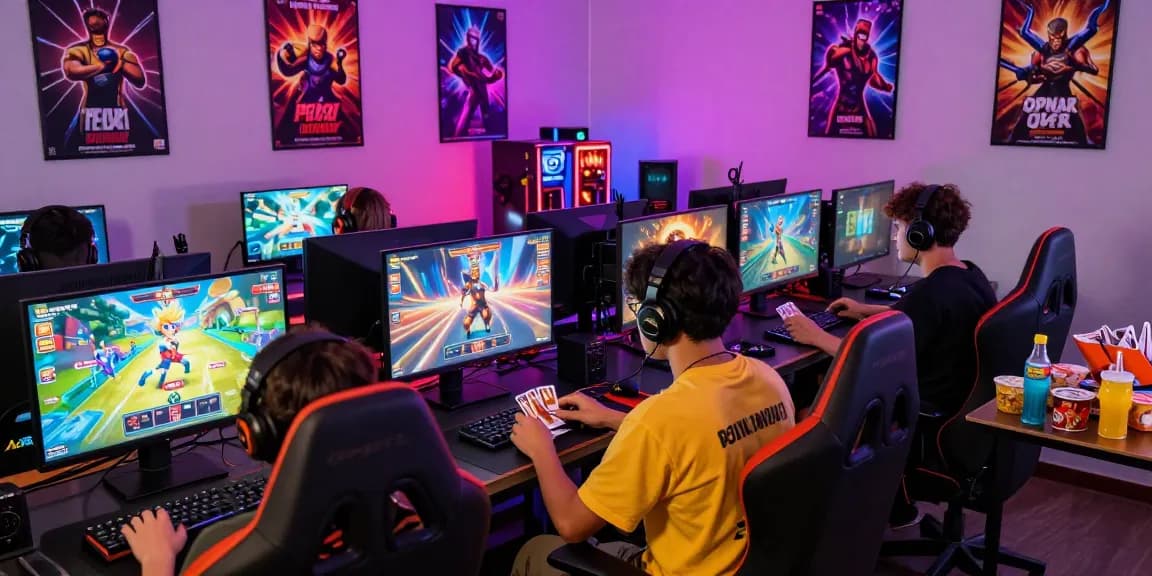 Engaged players enjoying gamebaidoithuong is in a vibrant online gaming setup with colorful screens and snacks.