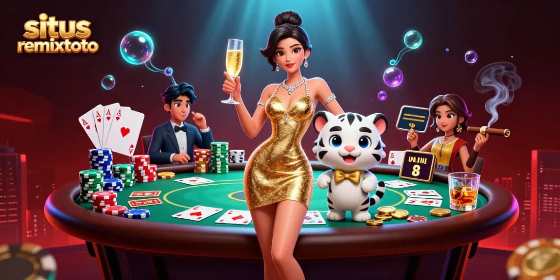 Engage in thrilling gaming adventures with situs remixtoto, showcasing a glamorous scene of poker excitement and wealth.