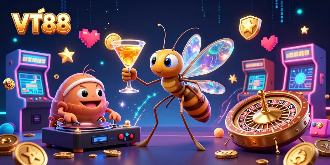 Spin to win with VT88, as a vibrant casino mascot emerges from amber to showcase thrilling gaming.