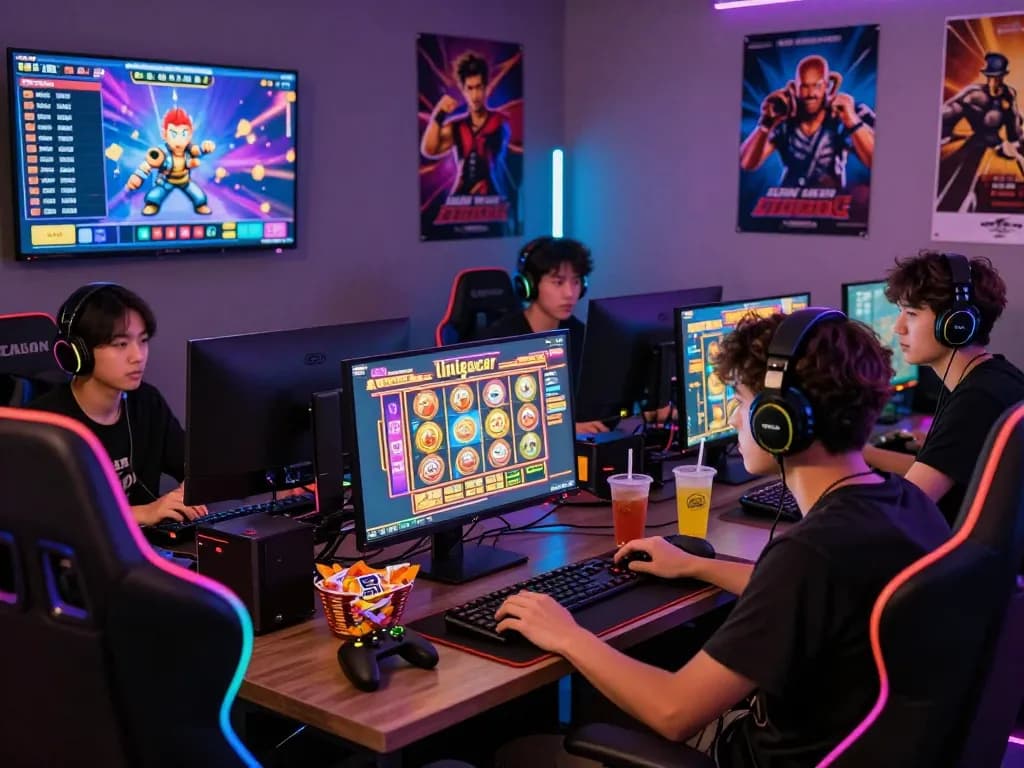 Kumpulan orang yang menikmati permainan online dengan antarmuka slot link gacor di layar dalam suasana yang ceria