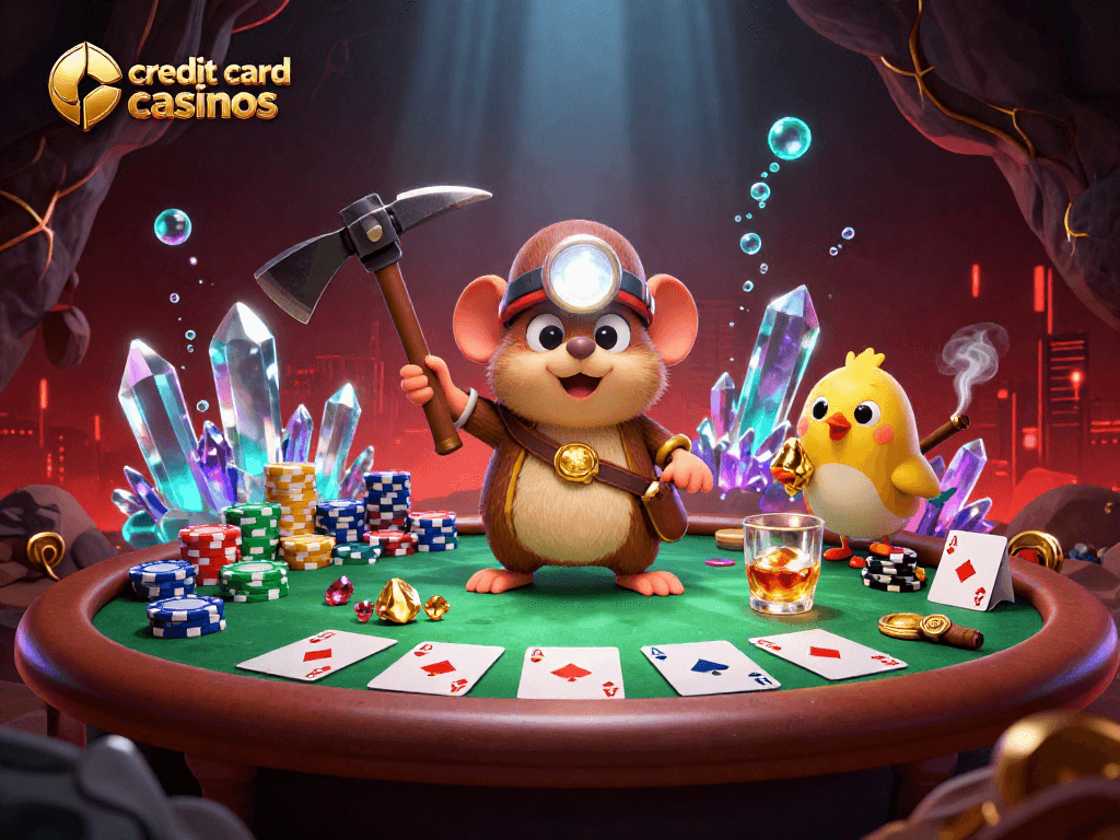 Experience exciting credit card casinos with a treasure hunter mole in a vibrant casino scene.