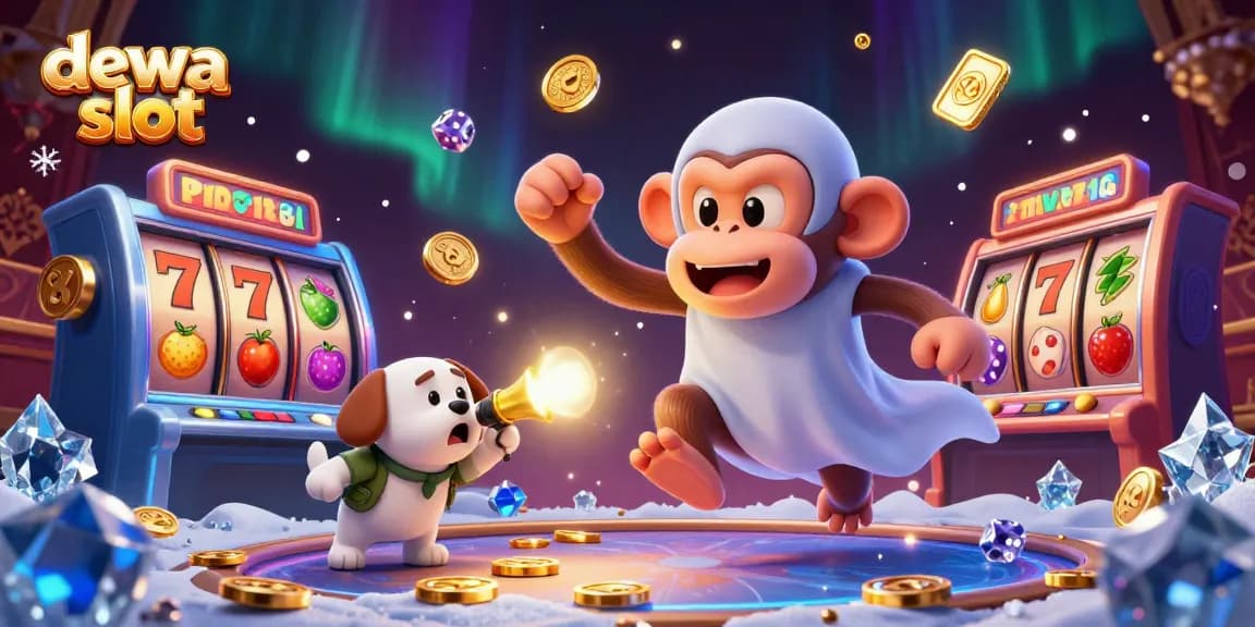 Experience the thrill of dewa slot gaming with dynamic slot reels, coins, and vibrant casino elements.