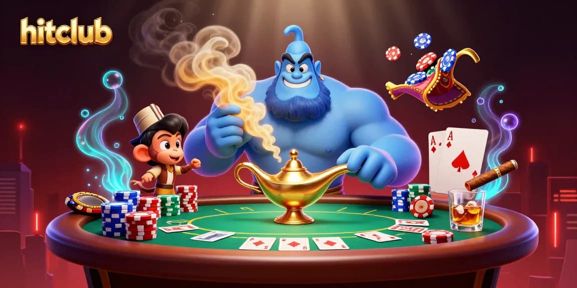 Experience thrilling poker action with hitclub amidst dynamic casino elements in a vibrant 3D scene.
