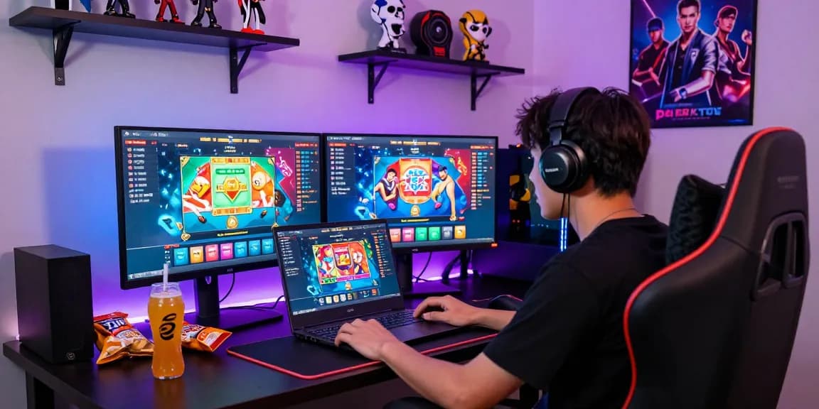 Player enjoying pajaktoto togel in dynamic gaming room with colorful lights and snacks.