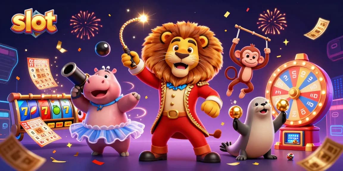 Spin vibrant slot reels with a circus-themed scene featuring dynamic characters and captivating game elements.